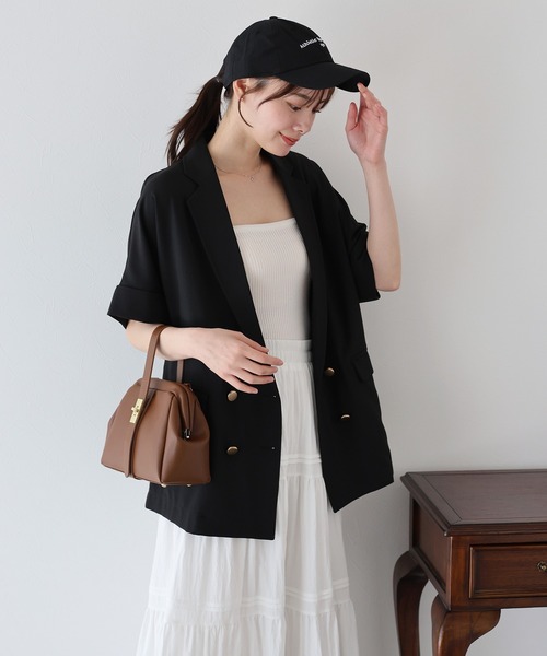 BLUEEAST（ブルーイースト）の「《新色追加》リネンライク半袖シャツジャケット（テーラードジャケット・レディース・ベージュ/アイボリー/ブラック/ブラウン/ネイビー・MEDIUM）」の4枚目の写真