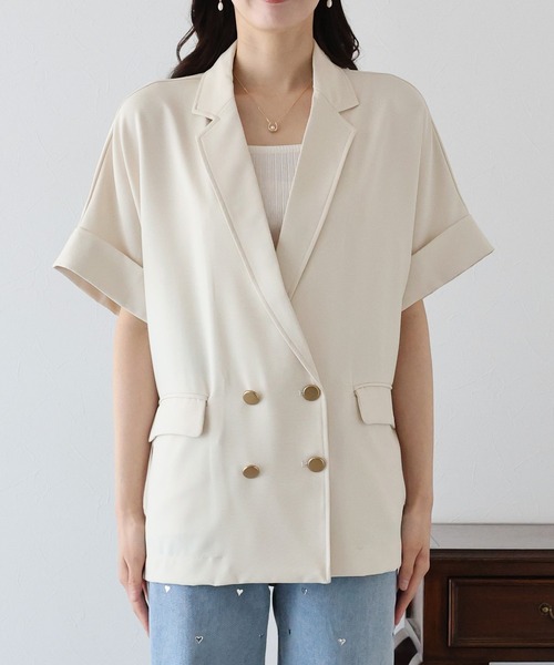 BLUEEAST（ブルーイースト）の「《新色追加》リネンライク半袖シャツジャケット（テーラードジャケット・レディース・ベージュ/アイボリー/ブラック/ブラウン/ネイビー・MEDIUM）」の16枚目の写真