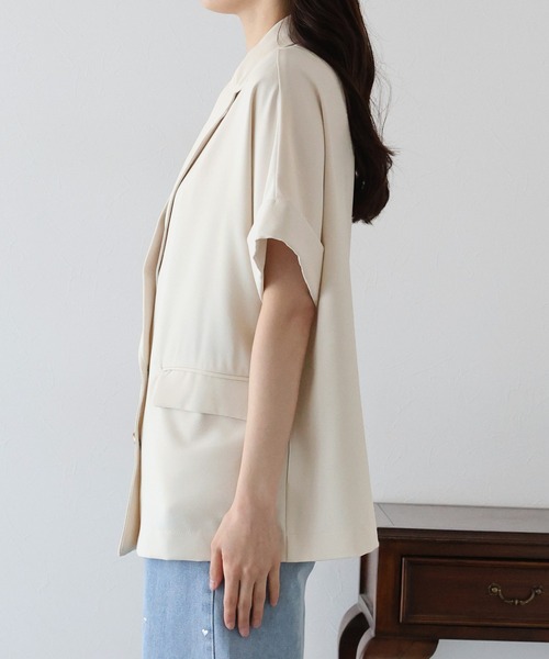 BLUEEAST（ブルーイースト）の「《新色追加》リネンライク半袖シャツジャケット（テーラードジャケット・レディース・ベージュ/アイボリー/ブラック/ブラウン/ネイビー・MEDIUM）」の15枚目の写真