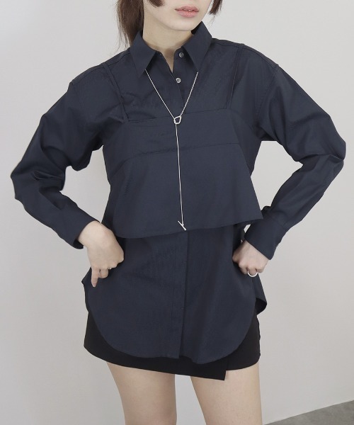 Reurie'(レウリィ)の「【2点セット】レイヤードビスチェ&シャツセット/layered bustier&shirt 長袖 襟付き シンプル 大人カジュアル きれいめ 重ね着 セットアップ オフィスカジュアル 韓国(アンサンブル・レディース・ネイビー/ブルー・FREE)」の2枚目の写真