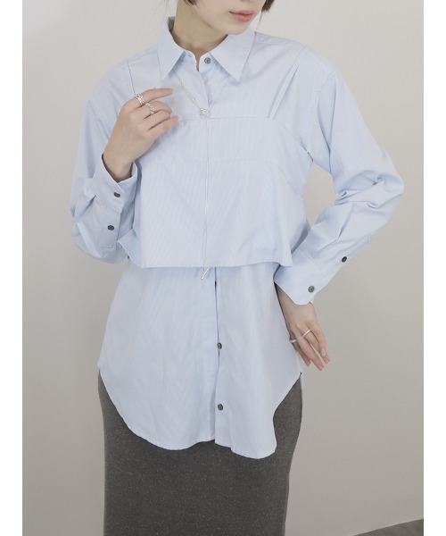 Reurie'(レウリィ)の「【2点セット】レイヤードビスチェ&シャツセット/layered bustier&shirt 長袖 襟付き シンプル 大人カジュアル きれいめ 重ね着 セットアップ オフィスカジュアル 韓国(アンサンブル・レディース・ネイビー/ブルー・FREE)」の16枚目の写真