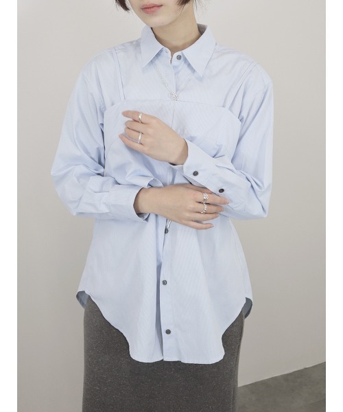 Reurie'(レウリィ)の「【2点セット】レイヤードビスチェ&シャツセット/layered bustier&shirt 長袖 襟付き シンプル 大人カジュアル きれいめ 重ね着 セットアップ オフィスカジュアル 韓国(アンサンブル・レディース・ネイビー/ブルー・FREE)」の3枚目の写真