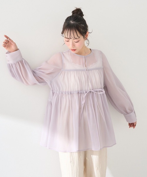 earth music&ecology（アースミュージックアンドエコロジー）の「フロントリボンシアーチュニック（チュニック・レディース・ライトベージュ/ブラック/ピンク・FREE）」の3枚目の写真