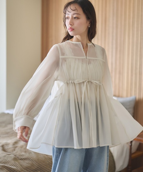 earth music&ecology（アースミュージックアンドエコロジー）の「フロントリボンシアーチュニック（チュニック・レディース・ライトベージュ/ブラック/ピンク・FREE）」の5枚目の写真