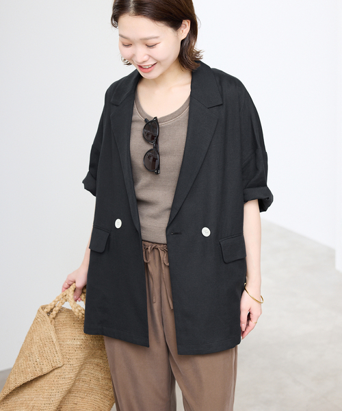 SLOBE IENA(スローブイエナ)の「リネンレーヨンハーフスリーブジャケット(その他アウター・レディース・ブラック/カーキ・36/38)」の6枚目の写真