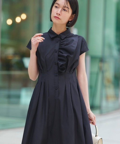 RUIRUE BOUTIQUE(ルイルエブティック)の「洗える | ワンサイド フリル フレンチスリーブ シャツ ワンピース | レディース おしゃれ きれいめ オフィスカジュアル 通勤服 リゾート シャツワンピ(シャツワンピース・レディース・ブラック/ネイビー/ラベンダー・S/M/L/LL)」の10枚目の写真