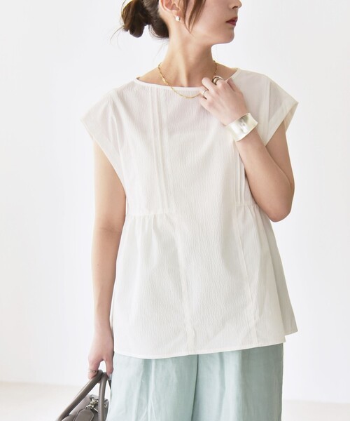 SHIPS for women / シップスウィメン quaranciel:〈洗濯機可能〉ミニサッカー タックギャザー フレンチスリーブ ブラウス セール】quaranciel:〈洗濯機可能〉ミニサッカー タックギャザー