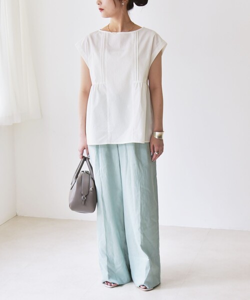 SHIPS for women / シップスウィメン quaranciel:〈洗濯機可能〉ミニサッカー タックギャザー フレンチスリーブ ブラウス セール】quaranciel:〈洗濯機可能〉ミニサッカー タックギャザー