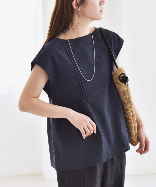 SHIPS for women / シップスウィメン quaranciel:〈洗濯機可能〉ミニサッカー タックギャザー フレンチスリーブ ブラウス セール】quaranciel:〈洗濯機可能〉ミニサッカー タックギャザー