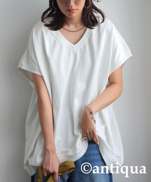 antiqua(アンティカ)の「バスクデザインTシャツ(Tシャツ/カットソー・レディース・ベージュ/ホワイト/アッシュグレー/ブラック/カーキ・ONESIZE)」の2枚目の写真