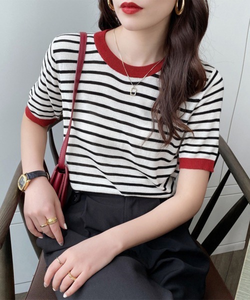 Miniministore(ミニミニストア)の「ボーダーニットトップス 半袖 レディース(Tシャツ/カットソー・レディース・グリーン/レッド/ブラック系1/ブラック系2・FREE)」の3枚目の写真
