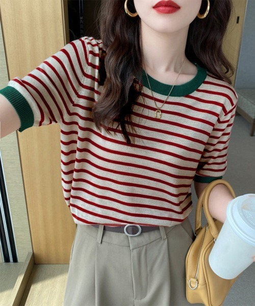 Miniministore(ミニミニストア)の「ボーダーニットトップス 半袖 レディース(Tシャツ/カットソー・レディース・グリーン/レッド/ブラック系1/ブラック系2・FREE)」の1枚目の写真