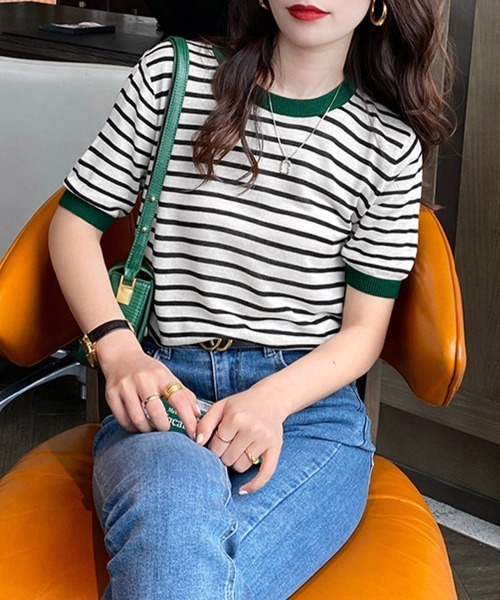 Miniministore(ミニミニストア)の「ボーダーニットトップス 半袖 レディース(Tシャツ/カットソー・レディース・グリーン/レッド/ブラック系1/ブラック系2・FREE)」の22枚目の写真