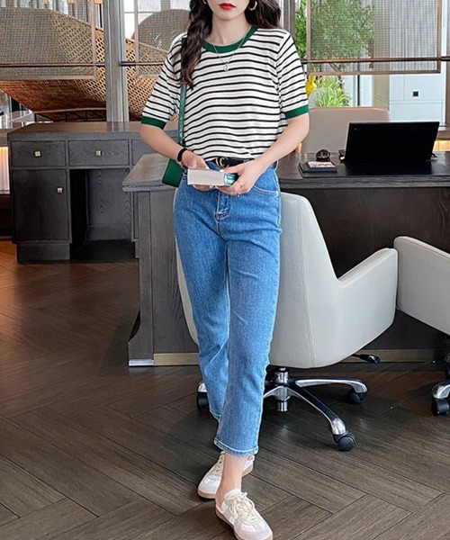 Miniministore(ミニミニストア)の「ボーダーニットトップス 半袖 レディース(Tシャツ/カットソー・レディース・グリーン/レッド/ブラック系1/ブラック系2・FREE)」の5枚目の写真