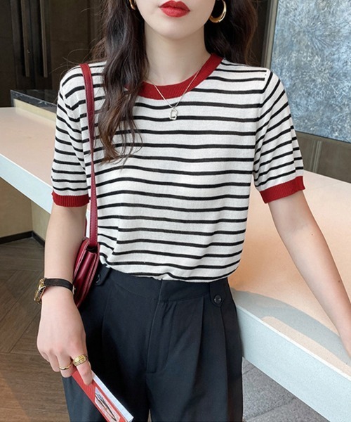 Miniministore(ミニミニストア)の「ボーダーニットトップス 半袖 レディース(Tシャツ/カットソー・レディース・グリーン/レッド/ブラック系1/ブラック系2・FREE)」の6枚目の写真