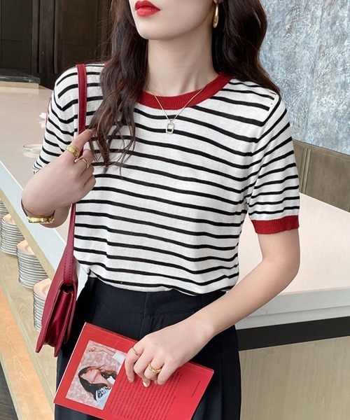 Miniministore(ミニミニストア)の「ボーダーニットトップス 半袖 レディース(Tシャツ/カットソー・レディース・グリーン/レッド/ブラック系1/ブラック系2・FREE)」の7枚目の写真
