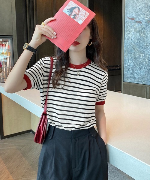 Miniministore(ミニミニストア)の「ボーダーニットトップス 半袖 レディース(Tシャツ/カットソー・レディース・グリーン/レッド/ブラック系1/ブラック系2・FREE)」の8枚目の写真