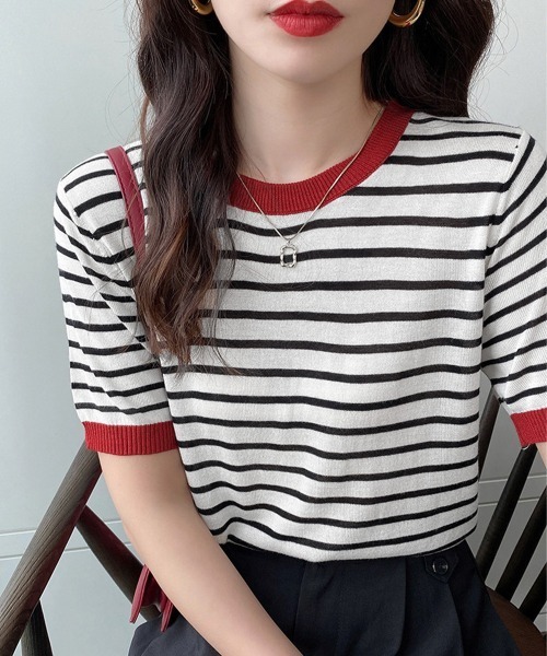 Miniministore(ミニミニストア)の「ボーダーニットトップス 半袖 レディース(Tシャツ/カットソー・レディース・グリーン/レッド/ブラック系1/ブラック系2・FREE)」の9枚目の写真