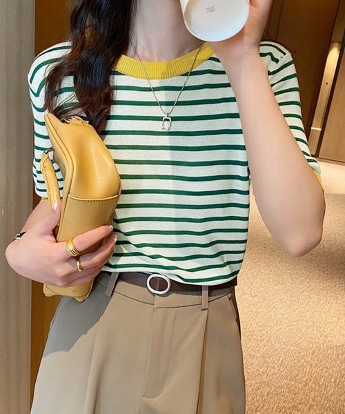 Miniministore(ミニミニストア)の「ボーダーニットトップス 半袖 レディース(Tシャツ/カットソー・レディース・グリーン/レッド/ブラック系1/ブラック系2・FREE)」の10枚目の写真