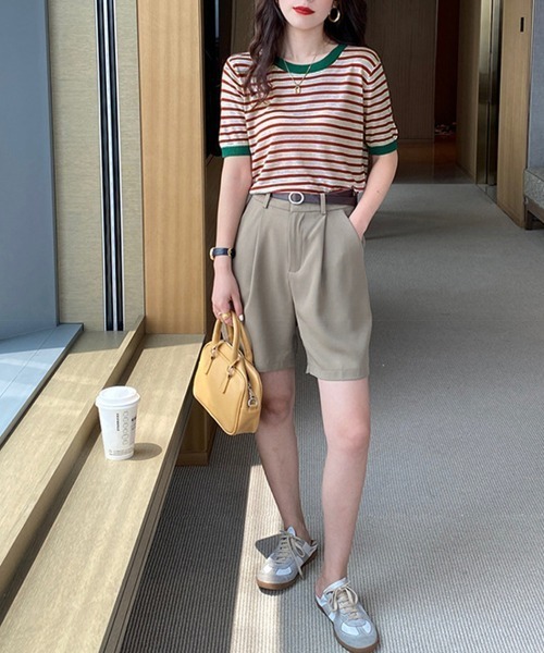 Miniministore(ミニミニストア)の「ボーダーニットトップス 半袖 レディース(Tシャツ/カットソー・レディース・グリーン/レッド/ブラック系1/ブラック系2・FREE)」の12枚目の写真
