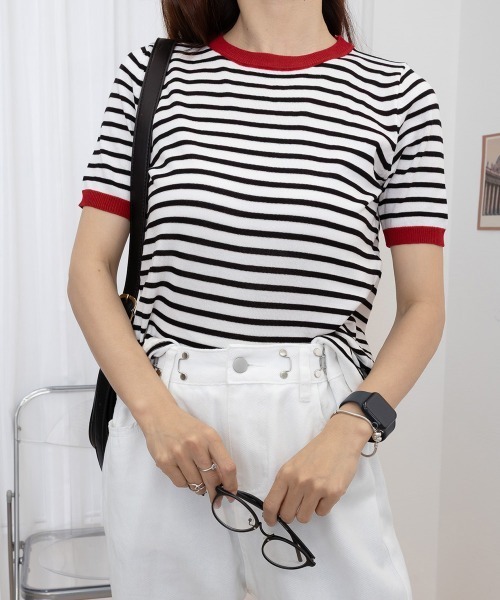 Miniministore(ミニミニストア)の「ボーダーニットトップス 半袖 レディース(Tシャツ/カットソー・レディース・グリーン/レッド/ブラック系1/ブラック系2・FREE)」の13枚目の写真
