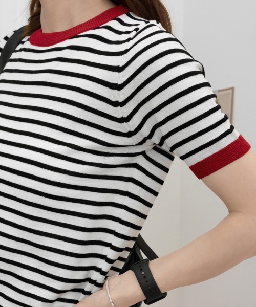 Miniministore(ミニミニストア)の「ボーダーニットトップス 半袖 レディース(Tシャツ/カットソー・レディース・グリーン/レッド/ブラック系1/ブラック系2・FREE)」の15枚目の写真