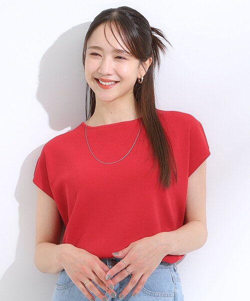 DRESKIP（ドレスキップ）の「【洗える/S-LL/ひんやり】さらりと好印象　総針フレンチスリーブニット（ニット/セーター・レディース・オフホワイト/レッド系1/ブラック/ネイビー・04/03/02/01）」の13枚目の写真