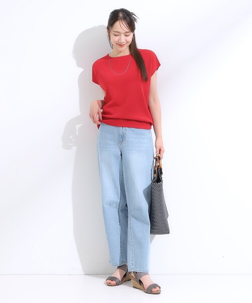 DRESKIP（ドレスキップ）の「【洗える/S-LL/ひんやり】さらりと好印象　総針フレンチスリーブニット（ニット/セーター・レディース・オフホワイト/レッド系1/ブラック/ネイビー・04/03/02/01）」の15枚目の写真