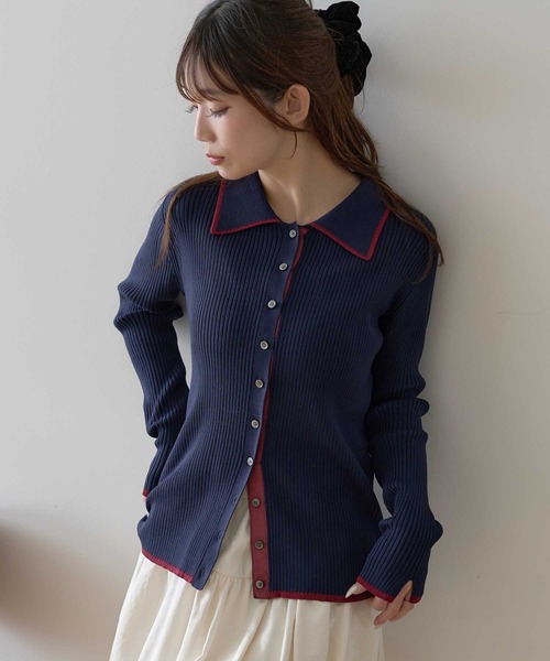 earth music&ecology（アースミュージックアンドエコロジー）の「【WEB限定】バイカラートリムロングニットカーディガン（ニット/セーター・レディース・チャコールグレー/アイボリー/ブラウン/ネイビー・FREE）」の4枚目の写真