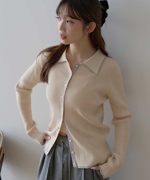 earth music&ecology（アースミュージックアンドエコロジー）の「【WEB限定】バイカラートリムロングニットカーディガン（ニット/セーター・レディース・チャコールグレー/アイボリー/ブラウン/ネイビー・FREE）」の2枚目の写真