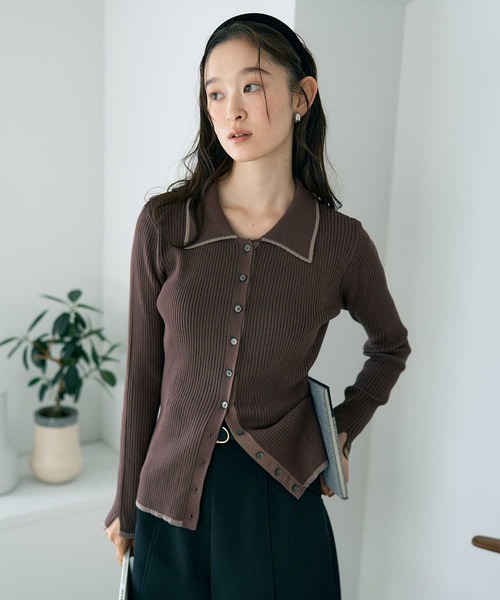 earth music&ecology（アースミュージックアンドエコロジー）の「【WEB限定】バイカラートリムロングニットカーディガン（ニット/セーター・レディース・チャコールグレー/アイボリー/ブラウン/ネイビー・FREE）」の19枚目の写真