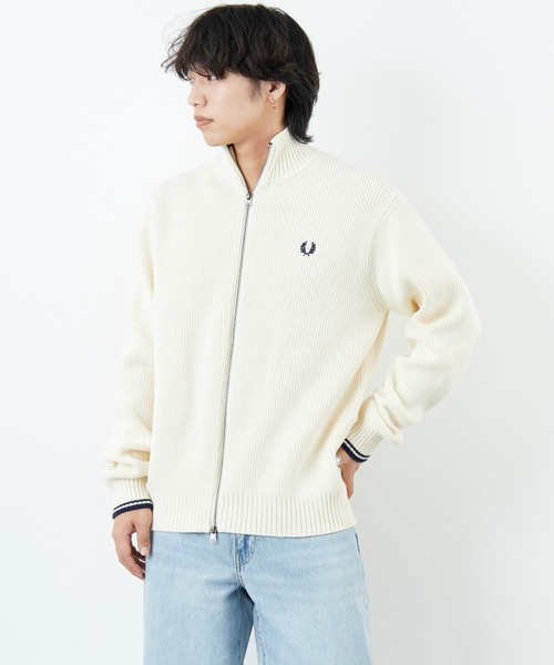 フレッドペリー　別注 ハイネック ジップニットカーディガン　アイボリー　Sサイズ FRED PERRY/フレッドペリー] 別注 ハイネック ジップニット