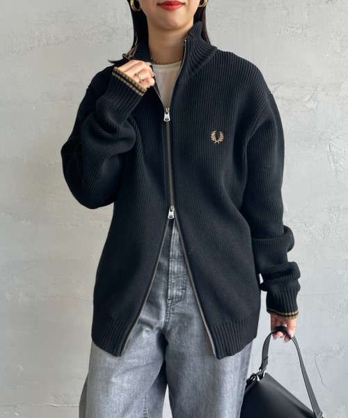 FRED PERRY（フレッドペリー）の「[FRED PERRY/フレッドペリー] 別注 ハイネック ジップニットカーディガン（ニット/セーター・レディース・ブラック/ライトグレー/キナリ・L/M/S）」の9枚目の写真