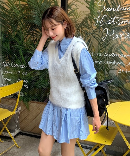 Teem Store（チームストア）の「【25年秋冬新作】もこもこシャギーVネックベスト（ベスト・レディース・ホワイト/ピンク・F）」の7枚目の写真