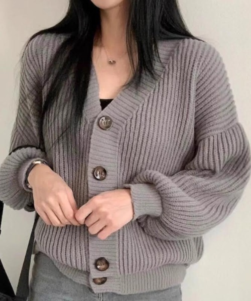cammie(キャミー)の「フロントボタンリブ編みニットカーディガン(カーディガン/ボレロ・レディース・アイボリー/グレー/ブラウン・FREE)」の3枚目の写真