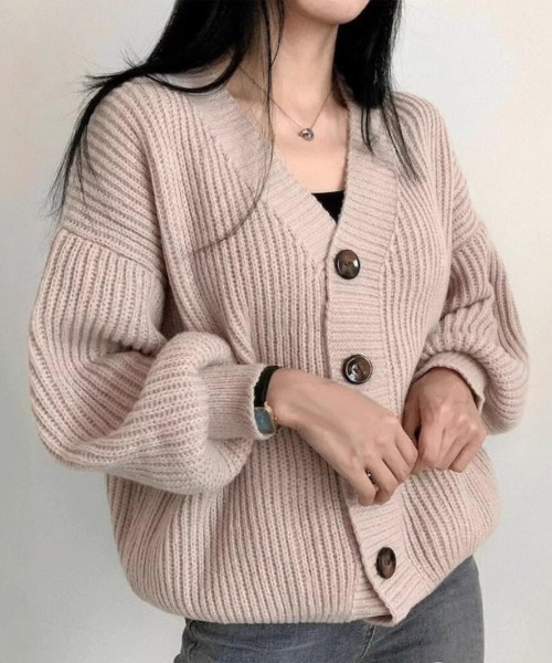 cammie(キャミー)の「フロントボタンリブ編みニットカーディガン(カーディガン/ボレロ・レディース・アイボリー/グレー/ブラウン・FREE)」の4枚目の写真