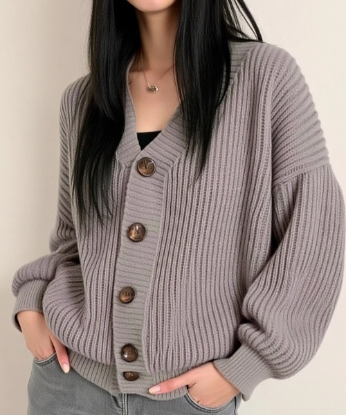 cammie(キャミー)の「フロントボタンリブ編みニットカーディガン(カーディガン/ボレロ・レディース・アイボリー/グレー/ブラウン・FREE)」の14枚目の写真