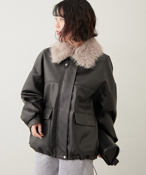 Remind me and forever（リマインドミーアンドフォーエバー）の「【選べる2丈！】ファーティペット付合皮ブルゾン（ライダースジャケット・レディース・ブラウン/ブラック・MEDIUM/LARGE）」の5枚目の写真