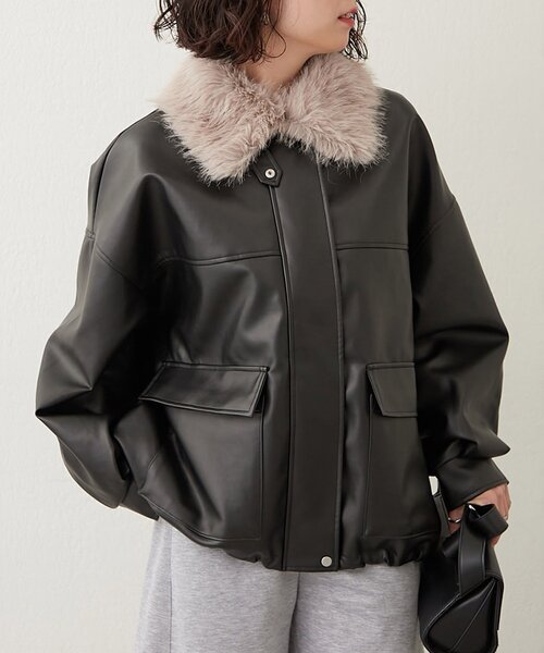 Remind me and forever（リマインドミーアンドフォーエバー）の「【選べる2丈！】ファーティペット付合皮ブルゾン（ライダースジャケット・レディース・ブラウン/ブラック・MEDIUM/LARGE）」の4枚目の写真