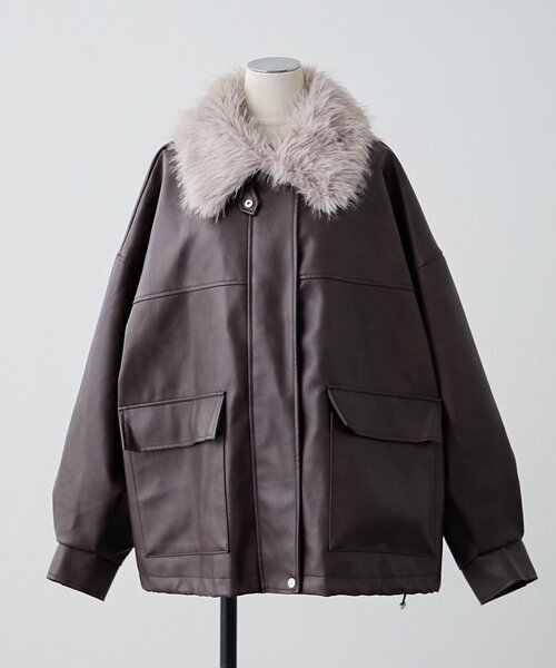 Remind me and forever（リマインドミーアンドフォーエバー）の「【選べる2丈！】ファーティペット付合皮ブルゾン（ライダースジャケット・レディース・ブラウン/ブラック・MEDIUM/LARGE）」の11枚目の写真