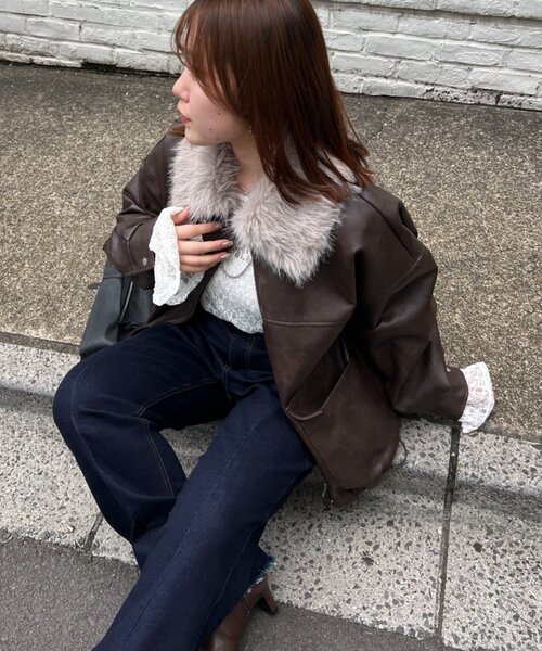 Remind me and forever（リマインドミーアンドフォーエバー）の「【選べる2丈！】ファーティペット付合皮ブルゾン（ライダースジャケット・レディース・ブラウン/ブラック・MEDIUM/LARGE）」の3枚目の写真