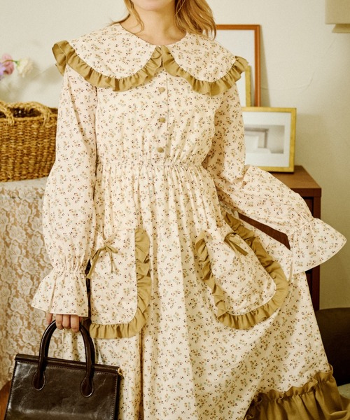 フリルワンピース セール】【クティールとレトロ】ビッグ襟ポケットフリル