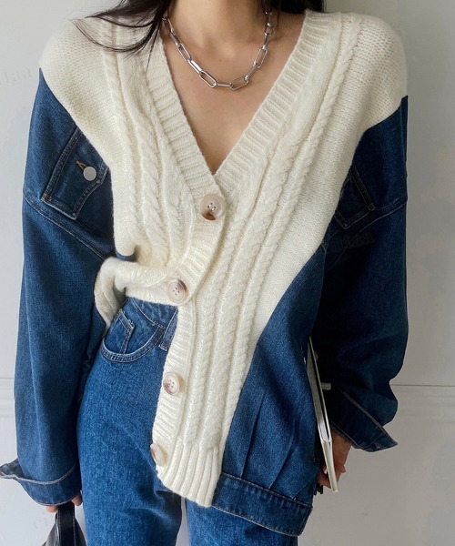 韓国ファッション デニムGジャンドッキングケーブルニットカーディガン