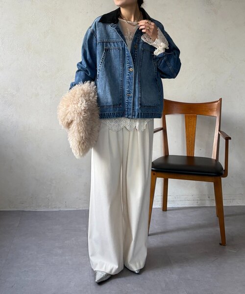 DouDou（ドゥドゥ）の「【襟の取り外しが可能！】レザーカラーデニムジャケット（その他アウター・レディース・ブルー・FREE）」の2枚目の写真