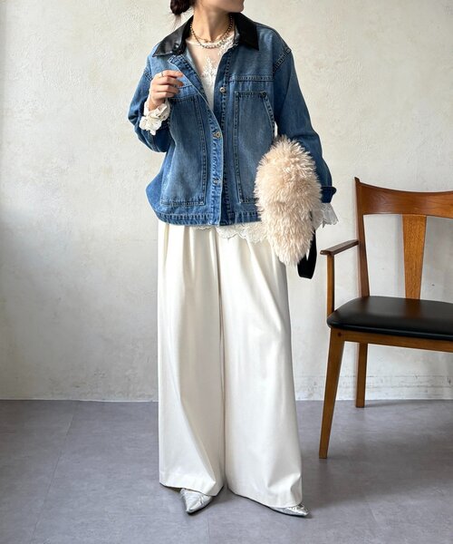 DouDou（ドゥドゥ）の「【襟の取り外しが可能！】レザーカラーデニムジャケット（その他アウター・レディース・ブルー・FREE）」の4枚目の写真