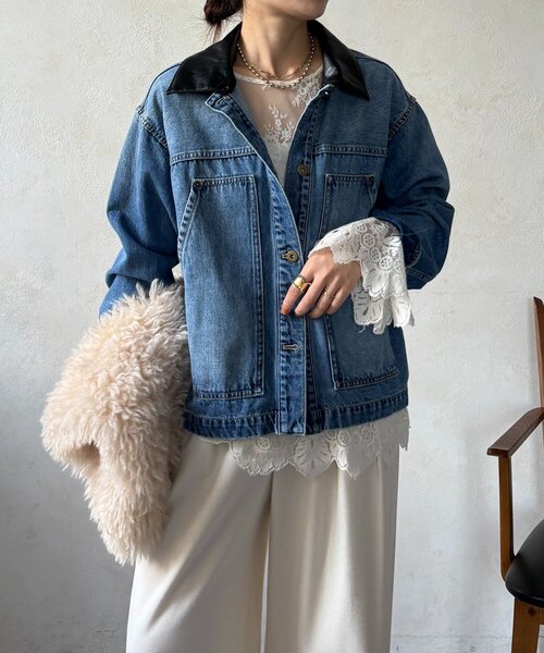 DouDou（ドゥドゥ）の「【襟の取り外しが可能！】レザーカラーデニムジャケット（その他アウター・レディース・ブルー・FREE）」の6枚目の写真