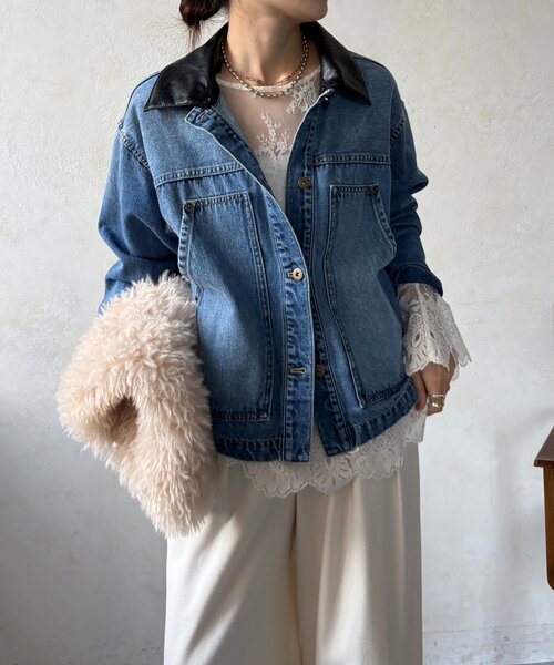 DouDou（ドゥドゥ）の「【襟の取り外しが可能！】レザーカラーデニムジャケット（その他アウター・レディース・ブルー・FREE）」の7枚目の写真