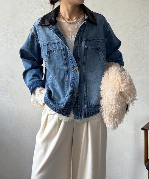DouDou（ドゥドゥ）の「【襟の取り外しが可能！】レザーカラーデニムジャケット（その他アウター・レディース・ブルー・FREE）」の8枚目の写真
