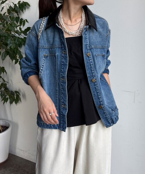 セール】【襟の取り外しが可能！】レザーカラーデニムジャケット