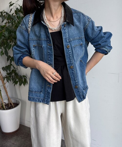 DouDou（ドゥドゥ）の「【襟の取り外しが可能！】レザーカラーデニムジャケット（その他アウター・レディース・ブルー・FREE）」の14枚目の写真